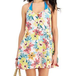 Miken Junior's Size Small Swim Cover-Up Dress Yellow Tropical Multicolor Print